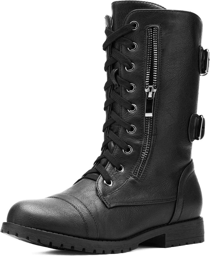 DREAM PAIRS Women's Mid Calf Built-in Wallet Pocket Lace up Military Combat Boots (7, Terran-black)