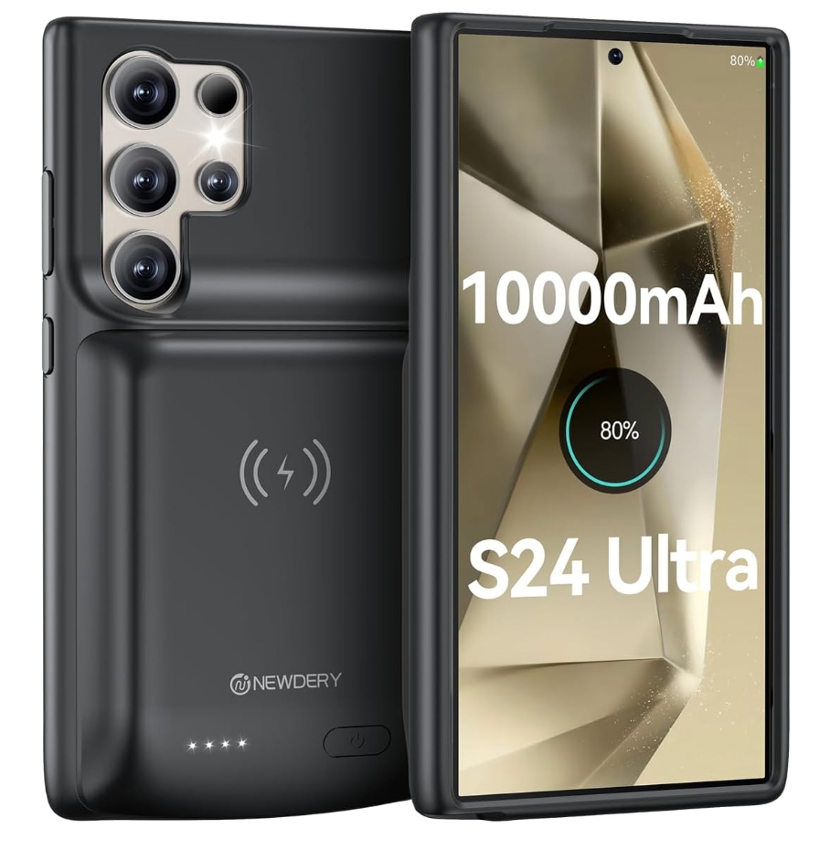 NEWDERY Battery Case for Samsung Galaxy S24, Qi Wireless Charging, 18W Fast Recharging, Sync Data Supported, 4500mAh Portable Charger Case Battery Pack for Regular S24 5G 6.2" Black