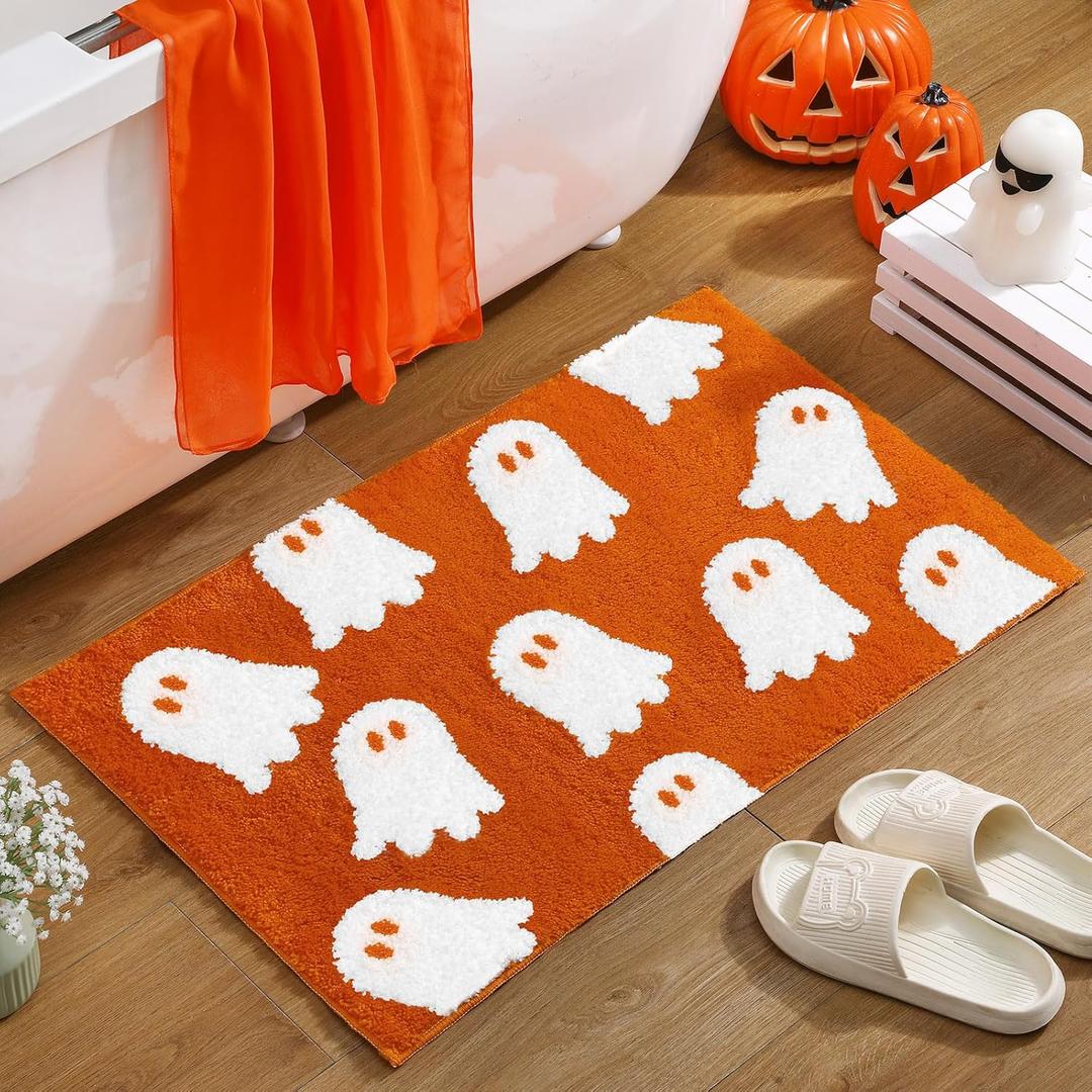 Orange Ghost Bath Mat Soft Halloween Bathroom Rug Non Slip Cute Spooky Ghost Bathroom Decoration Shaggy Plush Microfiber Rug Halloween Decor for Home Bedroom Shower Floor, 19.69 x 31.5 Inch (1'8" x 2'8" (Rectangular))