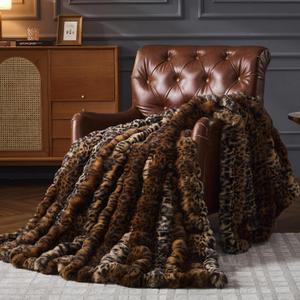RYNGHIPY Faux Fur Blankets for Couch Bed Fluffy Warm Thick Throw Blanket for Bedroom Living Room Soft Cozy Plush Decorative Bubble Furry Blanket Cheetah Print Blanket (Leopard-Coffee, 63''x79'')