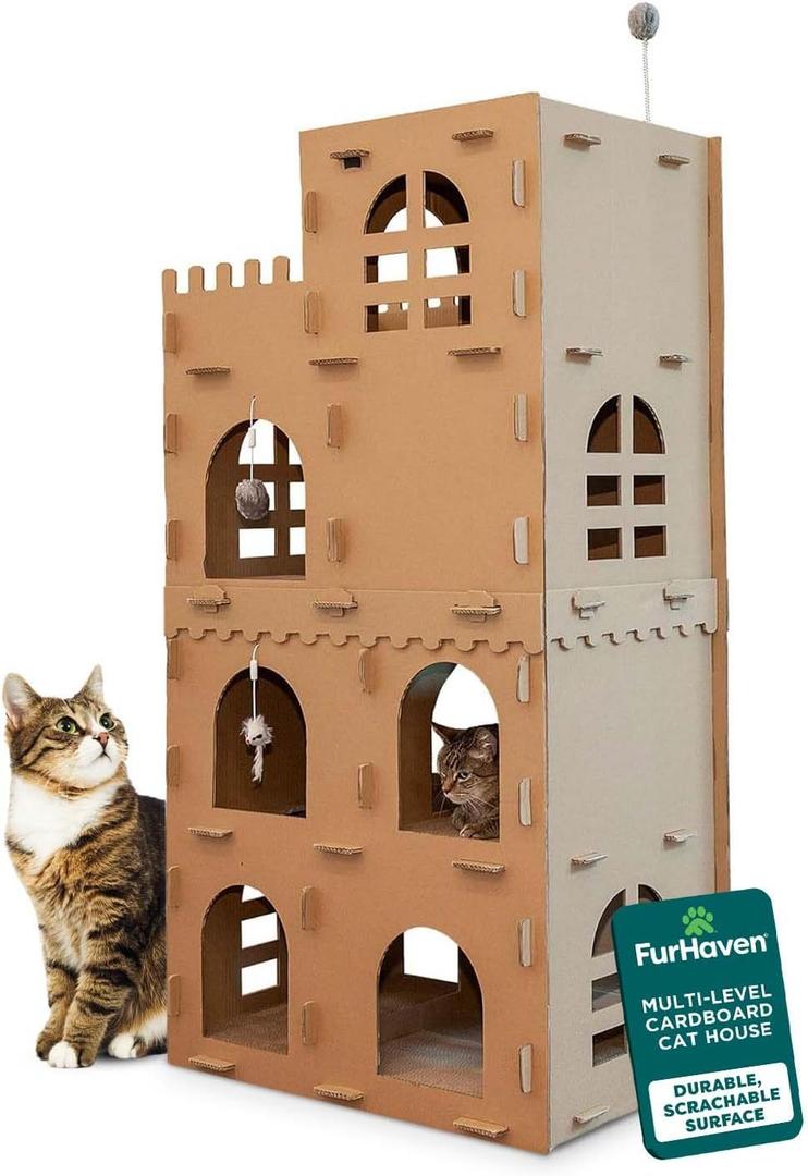 FurHaven Farmhouse Multi-Level Cardboard Cat House for Indoor Cats with Catnip & Toys, Double-Walled Corrugated Scratcher Designed for Lounging, Play & Comfort, One Size, Cardboard, Brown (Medieval Castle Playground)