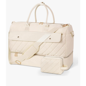 Wedama Travel Duffel Bag, Large Weekender Bag for Women with Shoe Compartment, Carry on Overnight Bag with Toiletry Makeup Bag, Gym Duffel Bag Travel Tote Bag for Travel Gym Camping Hospital, Beige