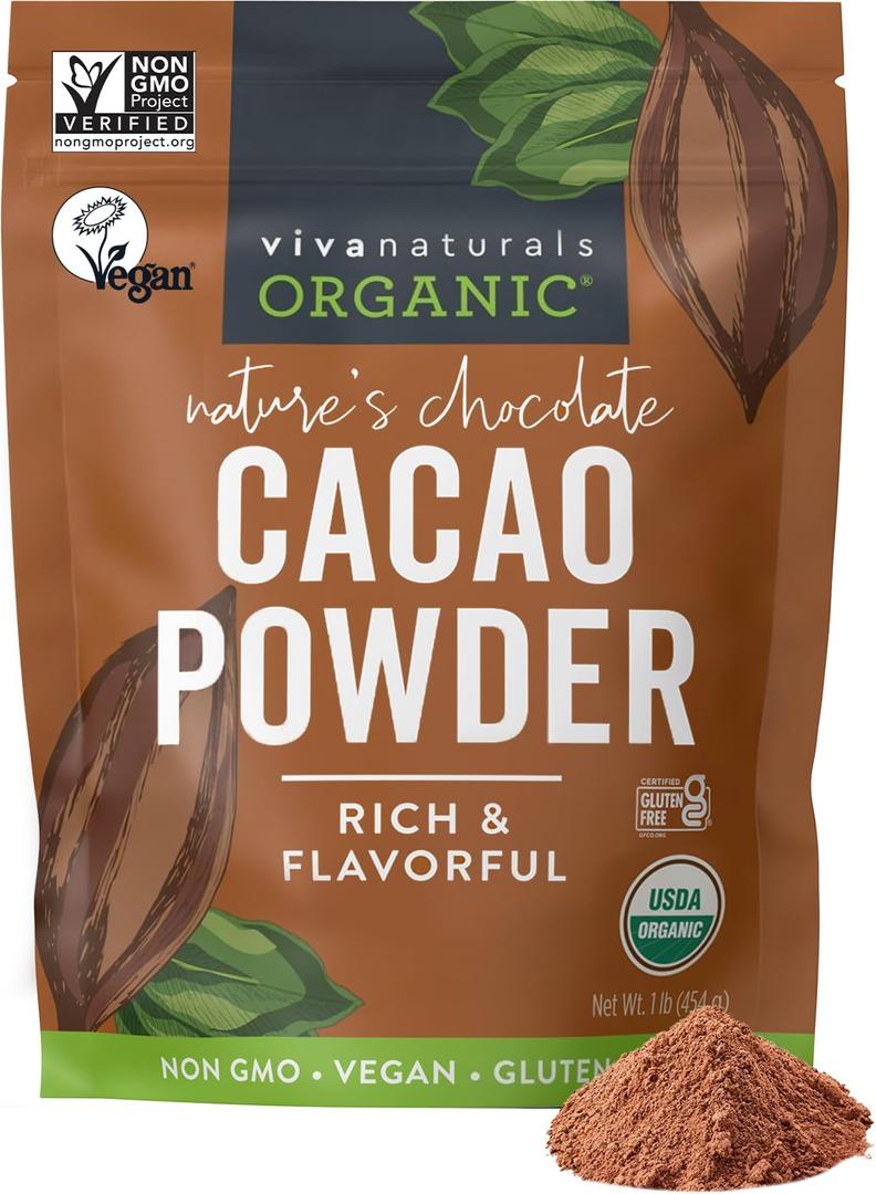 Organic Cacao Powder, Unsweetened, 1 lb (454 g)  Rich Dark Chocolate Flavor, Perfect for Baking, Smoothies & Hot Chocolate  Vegan, Keto, Paleo, Non-GMO & Gluten-Free Cocoa Powder (1 Pound (Pack of 1))
