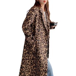 utcoco Womens Leopard Long Wool Trench Coat Notched Lapel Double Breasted Pea Coat Winter Warm Overcoat XXL
