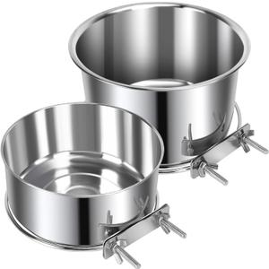 2 Pcs Large Pet Dog Food Water Bowl for Cage Stainless Steel Non-Spill Kennel Hanging Cats Bowls with Clamp Holder Crate Feeder Dish for Medium Large Dogs Huge Pets (7.1x3.5'' & 6.3x2.6'') (Silver)