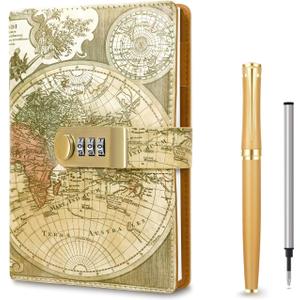Vintage Old Map Diary with Lock,A5 Locking Journal Pu Leather Refillable Writing Notebook with Lock Combination Password Personal Lock Journal with Pen&Gift Box Secret Lock Diary for Adults Men & Women