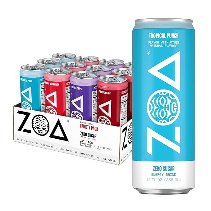 ZOA Zero Sugar Energy Drink Variety Pack, four Flavors, 12 Pack, 12 Fl Oz | Better for You Sugar Free Energy Drink with Plant Based Caffeine, Electrolytes, Vitamin B and C helping support hydration, BBD: 08/04/2026