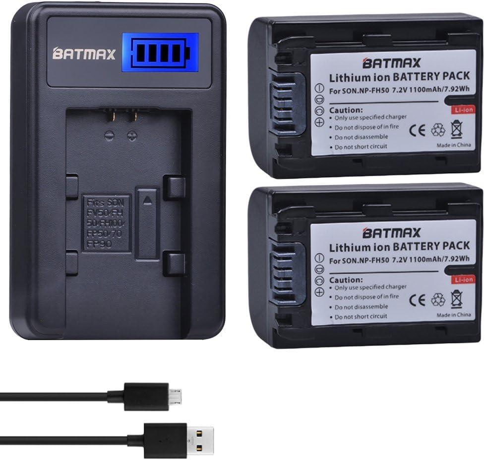 Batmax 2Packs NP-FH50 Battery + LCD USB Charger for Sony NP-FH30,NP-FH40,NP-FH50 H Series Batteries;Sony Alpha DSLR A230, DSLR A290, DSLR A330, DSLR A380, DSLR A390, Cyber-Shot DSC-HX1 Handycams