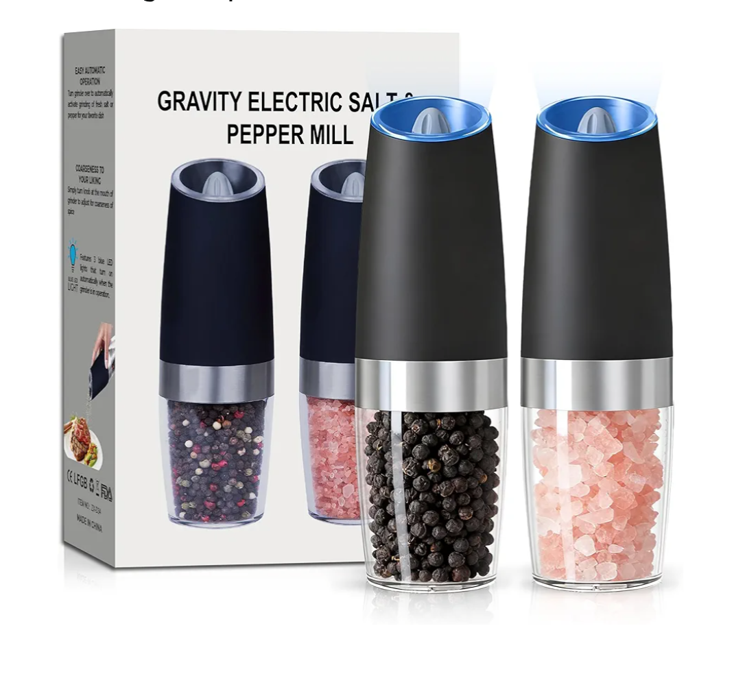 Gravity Electric Salt and Pepper Grinder set of 2, Automatic Salt And Pepper Grinder Set, Adjustable Roughness, Battery Powered, LED Light, 2 Pack, (Black)