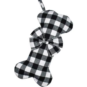Senneny Pet Dog Christmas Stockings Classic Buffalo Black White Plaid Large Bone Shape Hanging Christmas Stocking for Dogs Pets (17"L x 10"W, Black and White - 1 Pack)
