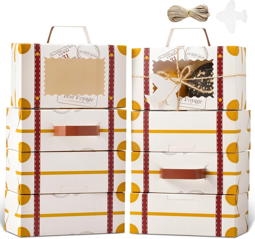 YODYZJ Mini Suitcase Party Favor Box, Pack of 20, Candy Cookie Gift Boxes with Window for Birthday, Wedding, Travel Theme Party Decor (Brown, 6.55 x 3.85 x 2.45 inches)