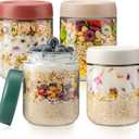 DIMBRAH Overnight Oats Containers with Lids,16oz Glass Jars with Lids - Set Of 4, Practical Oatmeal Container to Go, Chia Seed Pudding Jars, Baby Food Containers (4-pack - red, green, gray, white)