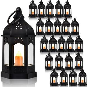 Hortsun Set of 24 Halloween Mini Vintage LED Lantern for Centerpiece Wedding Decorative Lantern with Flickery Candle Battery Powered Festival Hanging Tealight Ramadan Christmas Party Decor (Black)