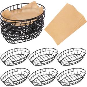 Geytetqi 12 Pack Wire Bread Basket with 50 Sheets Deli Wrappers Paper, 9.65 x 6.1 x 2.17 Inch Metal Oval Bread Basket for Food & Fruit Serving  Durable Black Wire Baskets for Home & Kitchen