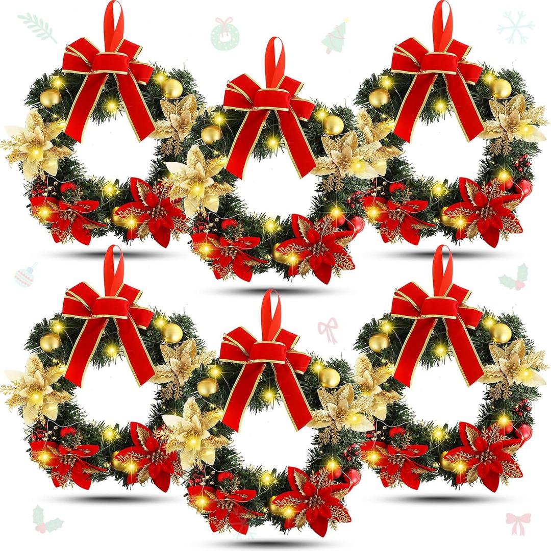 Lyrow 6 Pcs Lighted Christmas Wreath with Red Bow Ornament 13 Inch Prelit Xmas Battery Operated Christmas Wreaths for Front Door Outdoor Holiday Wall Indoor Xmas Decorations Party Decor(Classic)