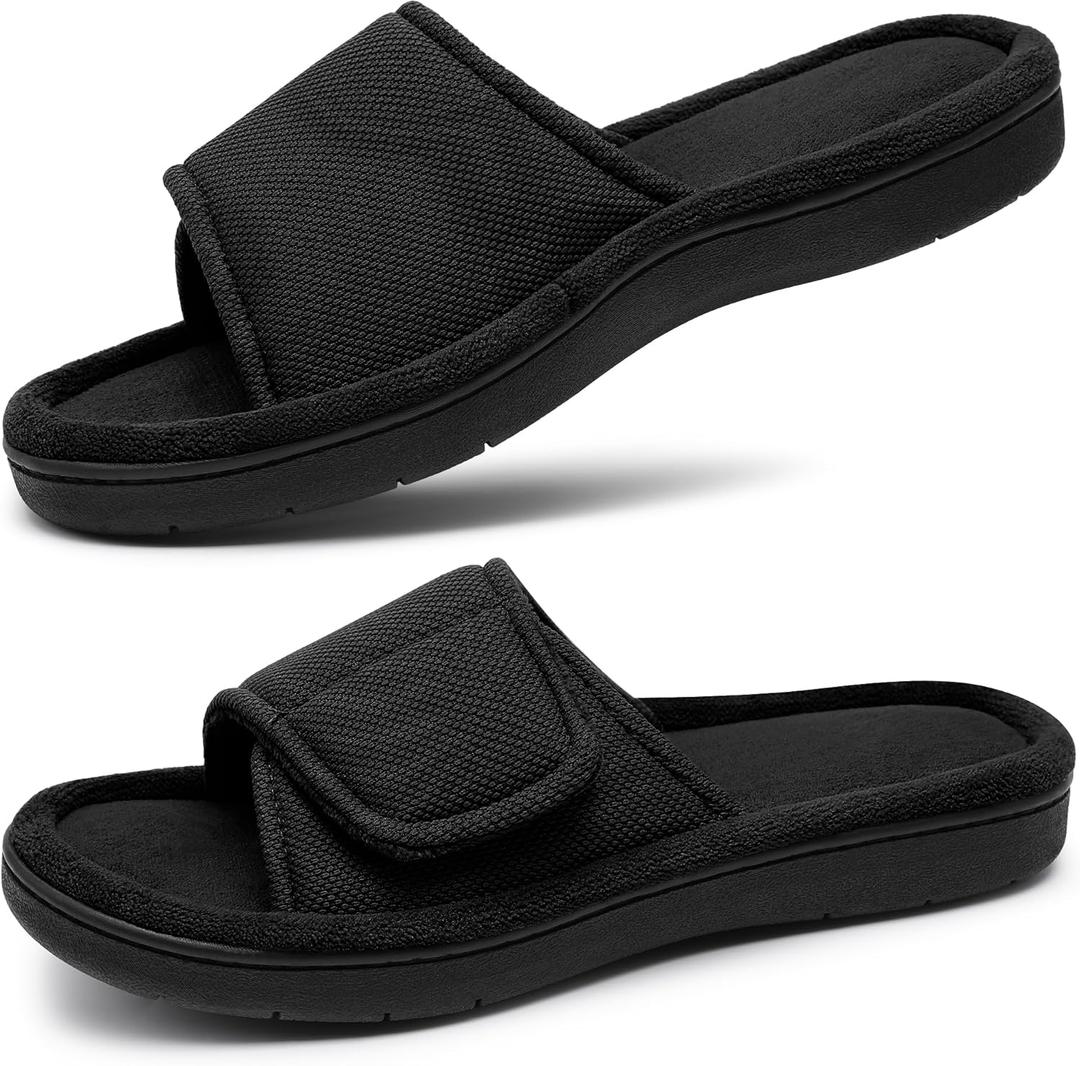 Women's Adjustable Indoor/Outdoor Machine Washable Memory Foam Slide (9, Black)