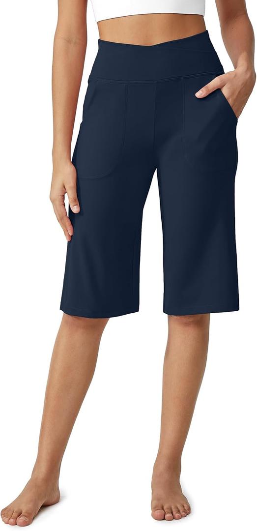 G4Free Capri Pants for Women 14" Knee Length Wide Leg Yoga Capris Dressy Casual Summer Crop Pants with Pockets (Large, Dark Navy)