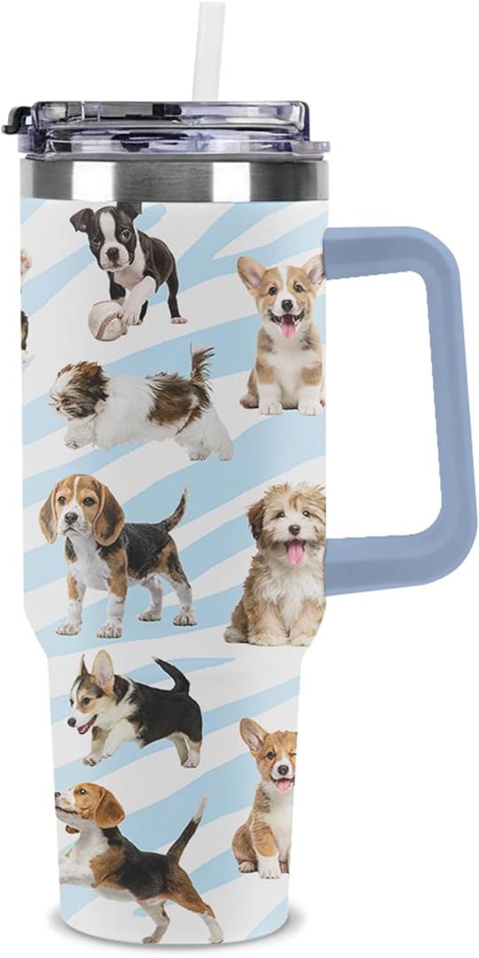 Duzieda Cute Dogs Tumbler Gift, 40 oz Insulated Stainless Steel Tumbler with Handle and Straw, Double Wall Vacuum Travel Mug with Lid