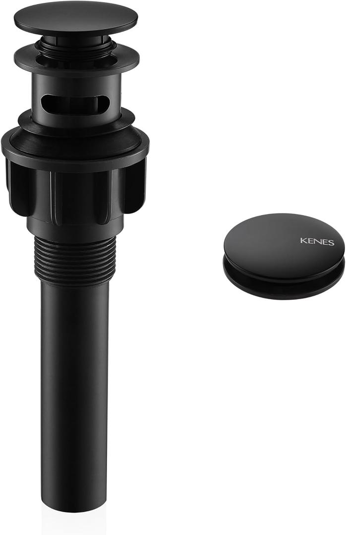 KENES Pop Up Bathroom Sink Drain with Overflow, Matte Black Pop Up Drain Stopper Anti Clog Pop Up Drain Stopper Lavatory Bathroom Vanity Sink Drain, Big Pop up Cap (With Overflow), Matte Black