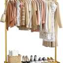 Clothes Rack - Clothing Rack with Storage Mesh Shelf & Casters, Heavy-Duty Metal Clothing Rack for Hanging Clothes, Dresses, Coats, Large Load Capacity, Easy Assembly, Gold, 44.3"x16.9"x59.0"