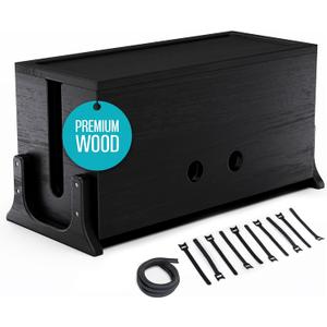 Extra Large Cable Management Box, Wood Cord Hider Box & Organizer for Power Strip, TV Wires & Desk Cable Storage (Blackened Acacia)