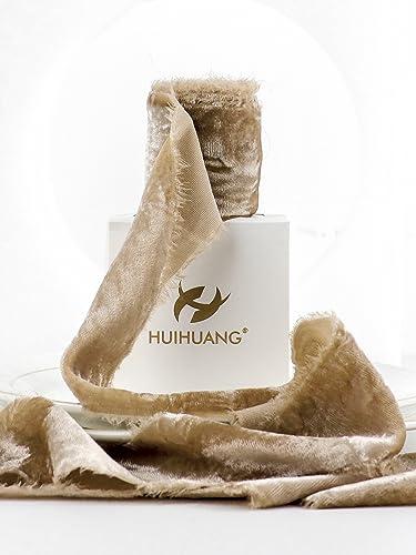 HUIHUANG Camel Velvet Ribbon - 2 inch Handmade Fring Ribbon Frayed Silk Velvet for Gift Wrapping, Flower Bouquets, Invitations, Christmas Decor, Wedding & Bridal Showers - 3 Yards