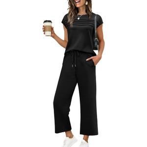WIHOLL Two Piece Sets for Women Summer Travel Vacation Outfits Cap Sleeve Lounge Matching Sets Wide Leg Pants S-3XL (Black)