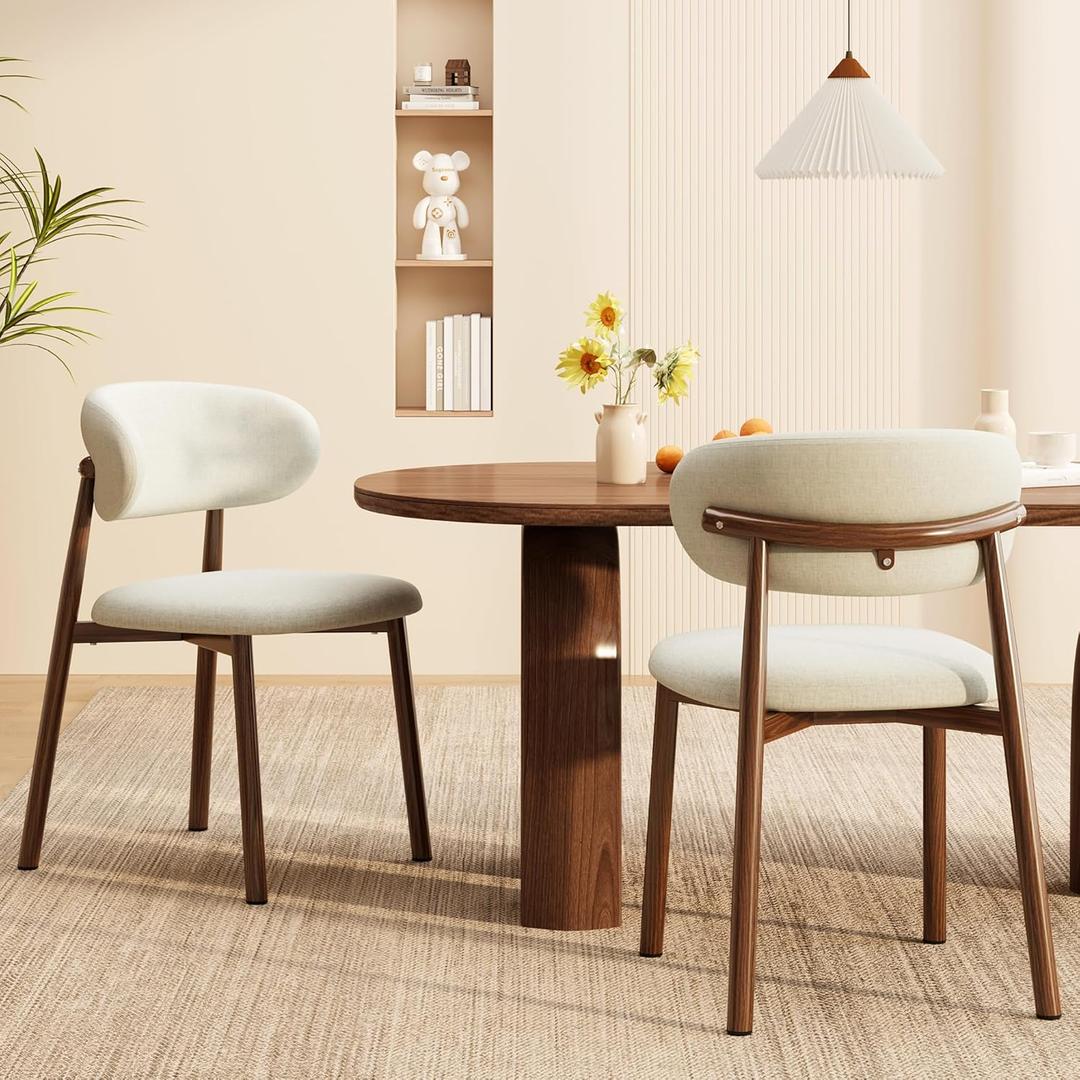 JCAJCA Kitchen Dining Chairs Set of 2 Modern Soft Linen Farmhouse Dining Room Chair with Metal Legs, Beige/ Walnut