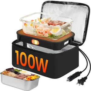 Portable Oven with 1.8L Container, 100W 12V/24V/110V 3-IN-1 Electric Lunch Box for Adults Food Warmer Heated Lunchbox with Stainless Steel Meal Container 4L Bag for Car, Truck, Office, Home,Travel
