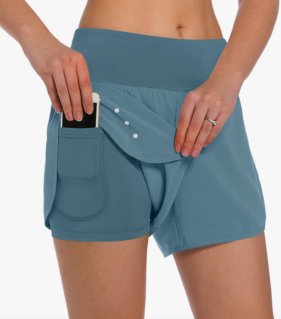 Ksmien Women's 2 in 1 Running Shorts - Lightweight Athletic Workout Gym Yoga Shorts Liner with Phone Pockets, Size Large