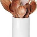 Nucookery Wooden Cooking Utensils Set with Holder, Nonstick Wooden Spoons for Cooking Spatula Set 10 Pcs, Teak Wood Kitchen Utensils Set, Ceramic Utensils Holder for Countertop, White
