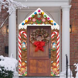 3 Pcs Christmas Gingerbread Door Decorations Set  Merry Christmas Porch Banners with Candy House Design, Polyester Xmas Door Covers for Classroom, Home, Party, Outdoor Holiday Decor