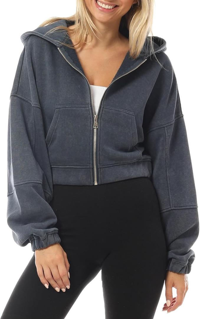 Design by Olivia Women's Zip Up Hoodies Cropped Sweatshirts Fleece Jackets Fall Outfits Casual Hooded Tops Winter Clothes Navy, Medium (Vintage Acid Wash) 