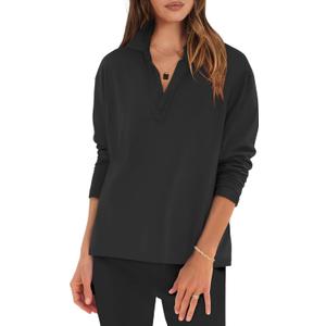 ANRABESS Women Long Sleeve Polo Shirts Casual V Neck Collared Boxy Fit Dressy Work Blouse Top Spring Outfits (Small, Black)