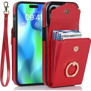LBYZCASE Wallet Case Compatible with iPhone 14 Pro Max,360Rotation Finger Ring Holder Kickstand Wristlet Card Holder Protective Shockproof Leather Case Cover for Apple iPhone 14 Pro Max (Red)