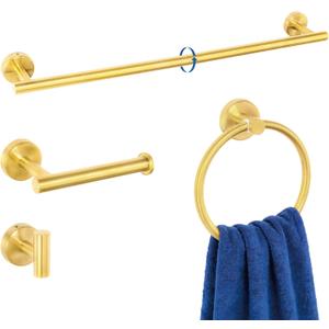 HOMOTEK 4 Pieces Bathroom Accessories Hardware Set, 24 inch Towel Bar, Towel Ring, Robe Hook, Toilet Paper Holder, Stainless Steel Rack Kit Wall Mounted, Gold (1 Pack)