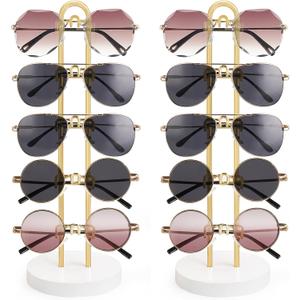Mkono Sunglasses Organizer Glasses Holder Stand Sunglass Storage Eyeglasses Rack Metal Frame with Wood Base for 5 Pairs of Eyewear Display for Table Desk Countertop Dresser Bedroom, Set of 2, Gold