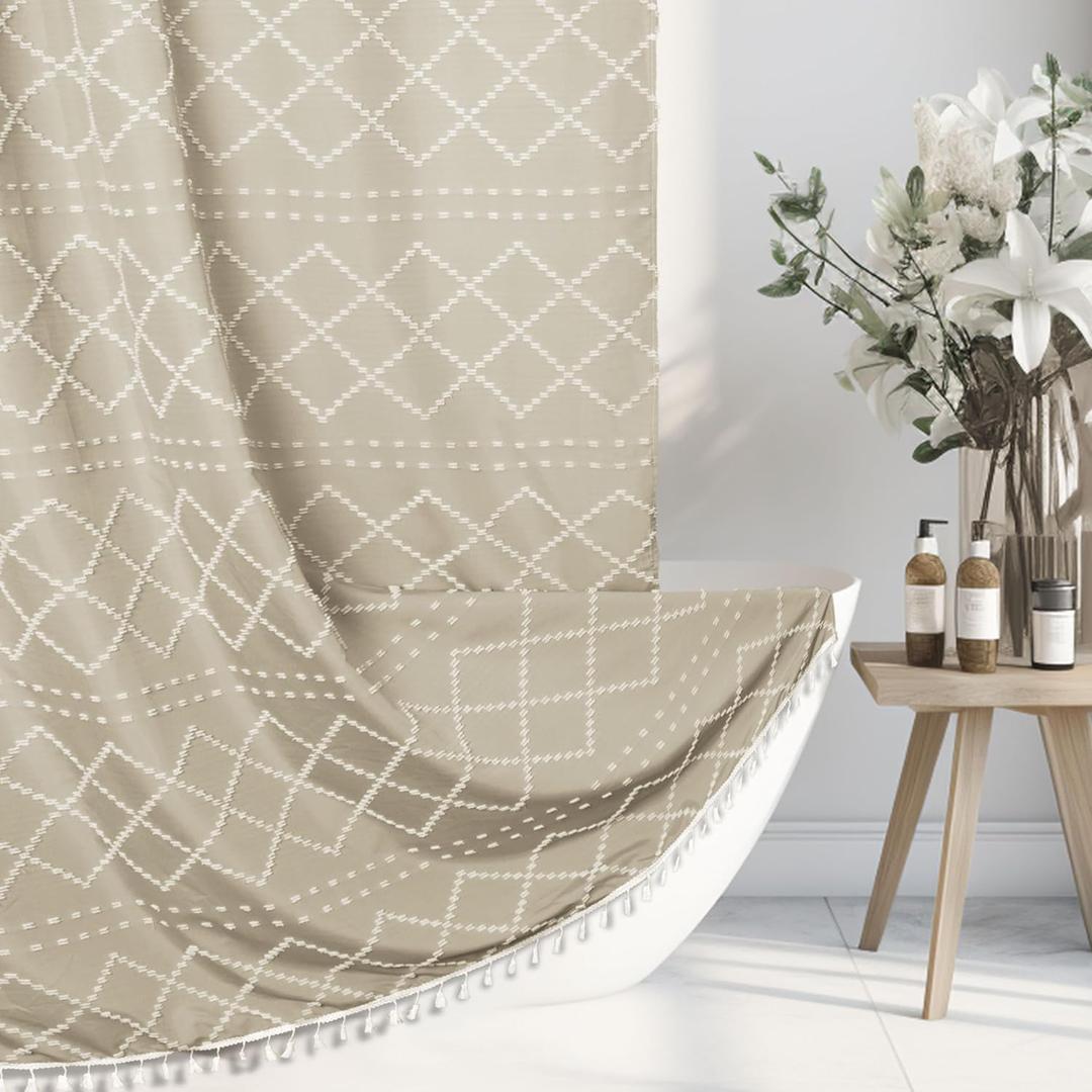 Siiluminisoy Beige Boho Woven Fabric Cute Shower Curtain, 72 x 72 Tufted Chevron Textured Striped Modern Farmhouse Minimalist Cloth Shower Curtain for Bathroom