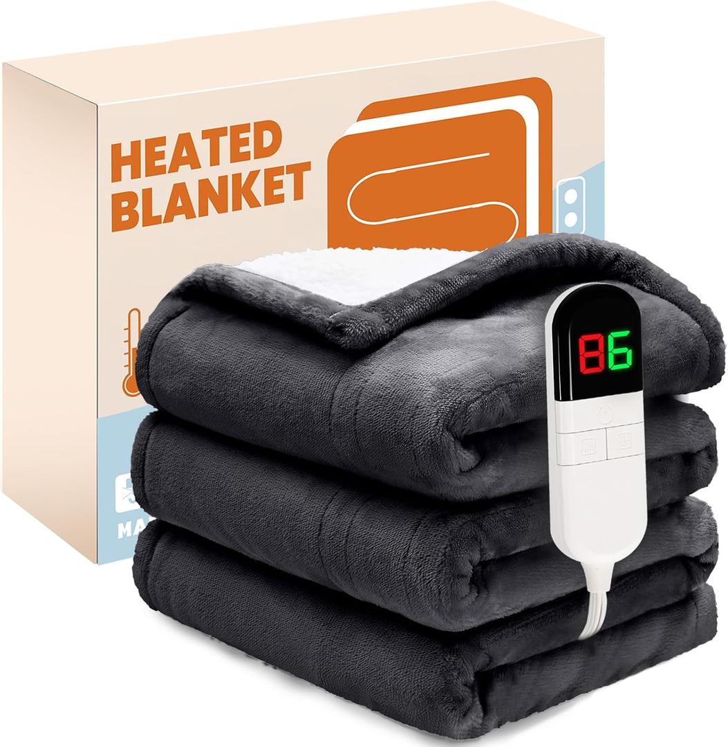 PTQ Electric Heated Blanket,Flannel & Sherpa Heated Throw Blanket 50"x60",Fast Heating Soft Fleece Blanket with 6 Heating Levels & 4H Auto Off - Grey
