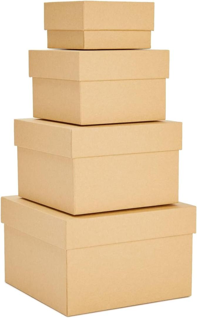 4 Pack Square Nesting Gift Boxes with Lids for Presents, Assorted Sizes, Stacking Decorative Goodie Box for Holiday, Wedding, Birthday, Party Favors (Brown)