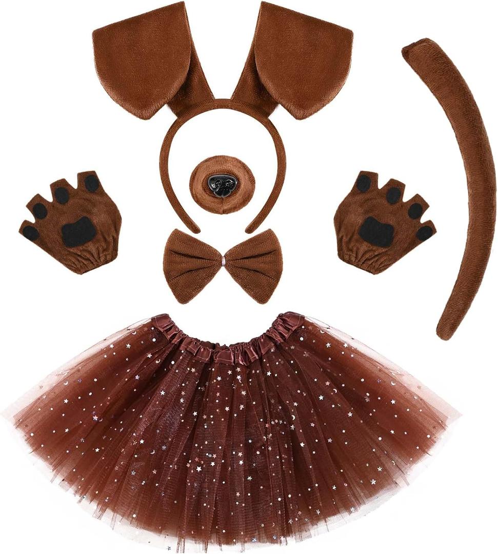 6 Pcs Puppy Costume for Women Include Dog Ears Headband,Bow Tie Tail Nose Paw Gloves and Tutu Skirt for Halloween