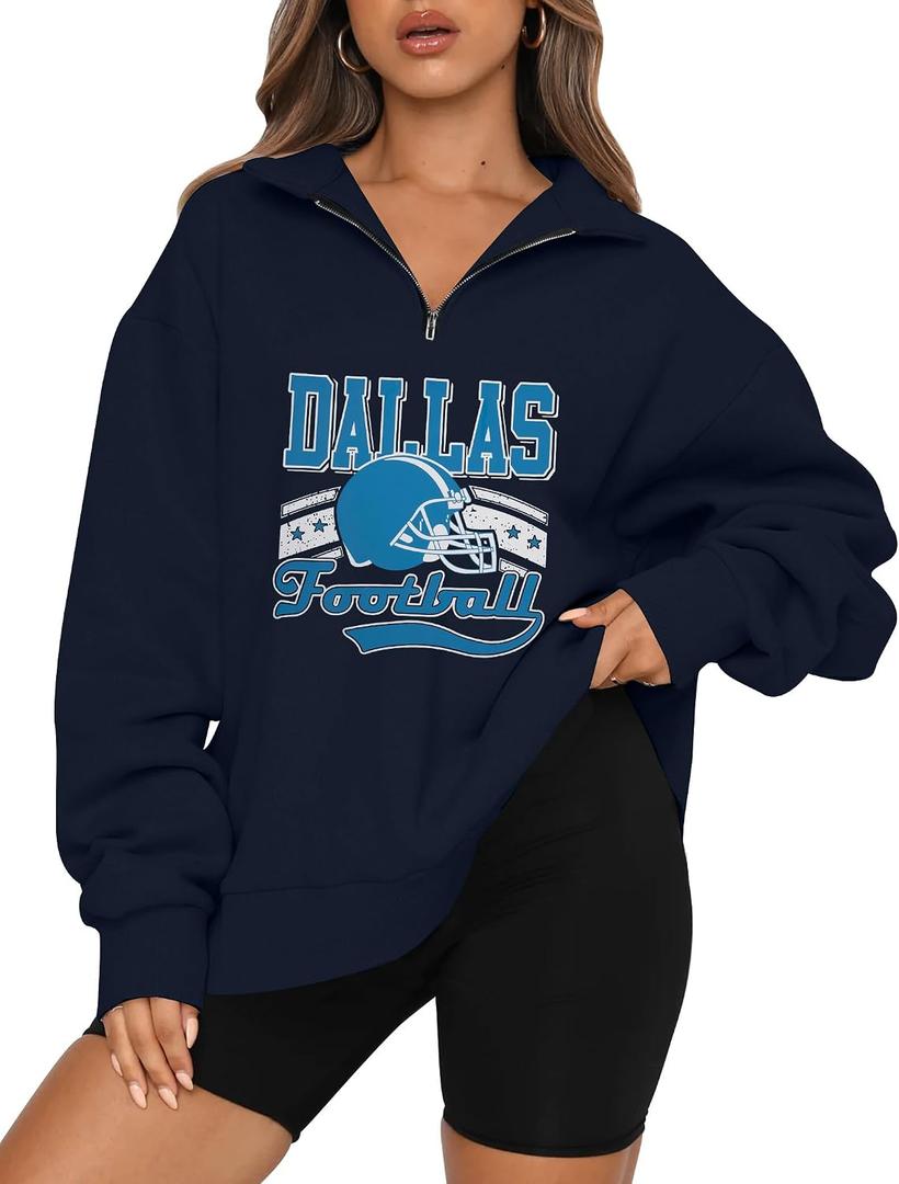 KIDDAD Football Sweatshirt for Women Game Day Graphic 1/4 Zip Shirts Football Team Fans Long Sleeve Pullover Tops (L)
