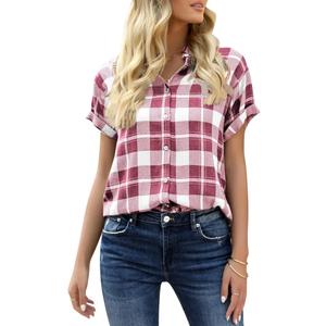 Veatzaer Women's Plaid Short Sleeve Button Down Shirt Casual Summer Blouses Tops X-Large, Pink
