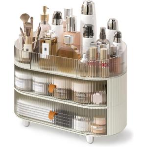 Makeup Organizer with 2 Drawers and 1 Clear Tray, Stackable Cosmetic Organizers and Skincare Storage box for Vanity and Countertop