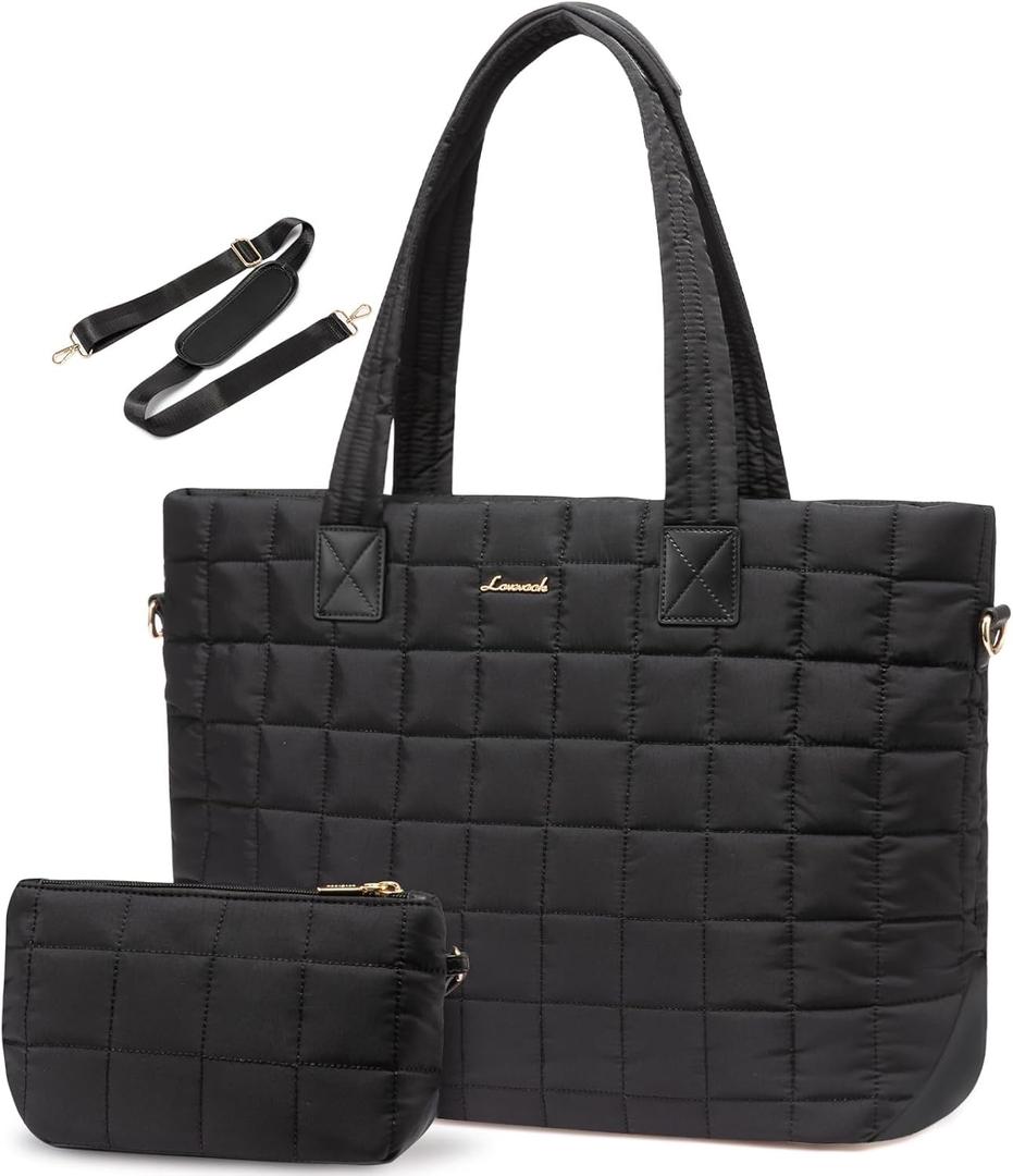 LOVEVOOK Laptop Tote Bag for Women, 15.6 Inch Large Puffer Work Tote Computer Bags, Quilted Women's Shoulder Purse Bag with Zipper, Teacher Office Handbag for Travel College Business, Gifts, Black