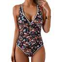 Women's One Piece Ruffle Swimsuit Tummy Control Bathing Suit V Neck Shell Stitched Swim Suit Slimming Swimwear