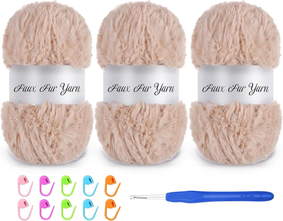 3 Skeins Faux Fur Yarn Soft Fluffy for Crocheting,Chunky Fuzzy Eyelash Yarn for Crochet Hats, Scarves, Bags, Cushions(Apricot)