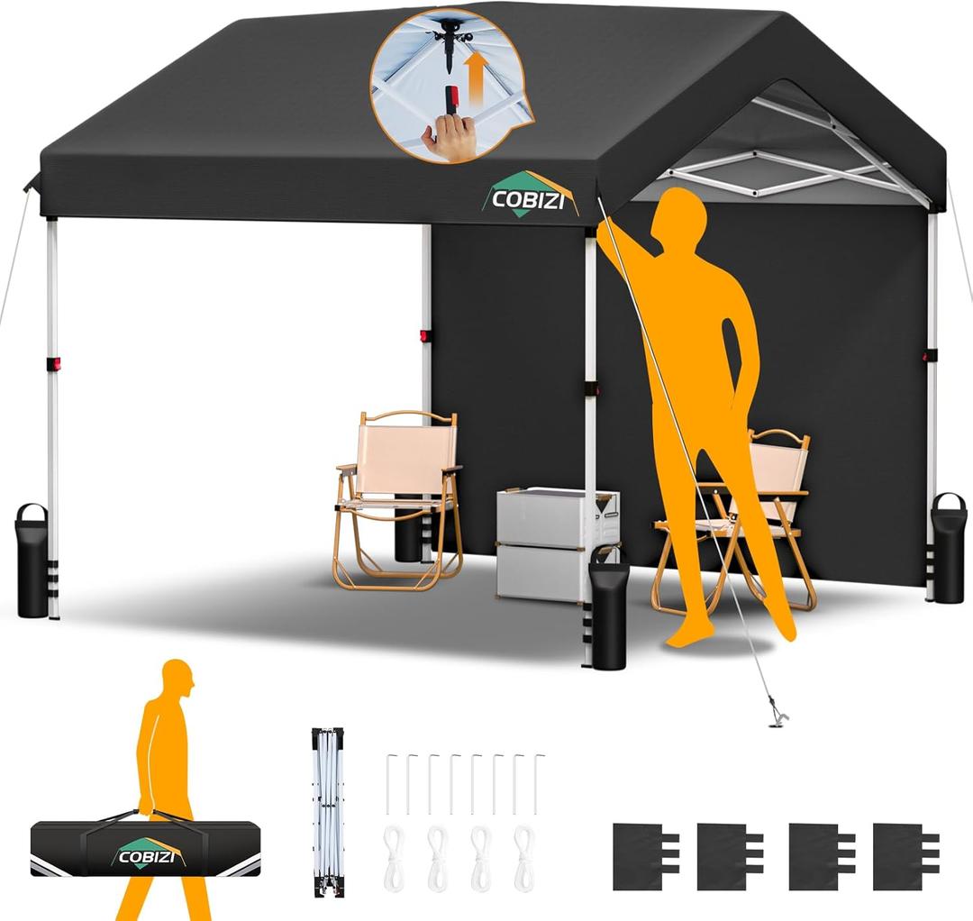 COBIZI 10x10 Pop Up Canopy with One Button Push Center Lock, Ez Up Portable Carport Without sidewall, Waterproof UV50+ Outdoor Party Commercial Carport Canopy with Carry Bag(10 x 10 ft Black)
