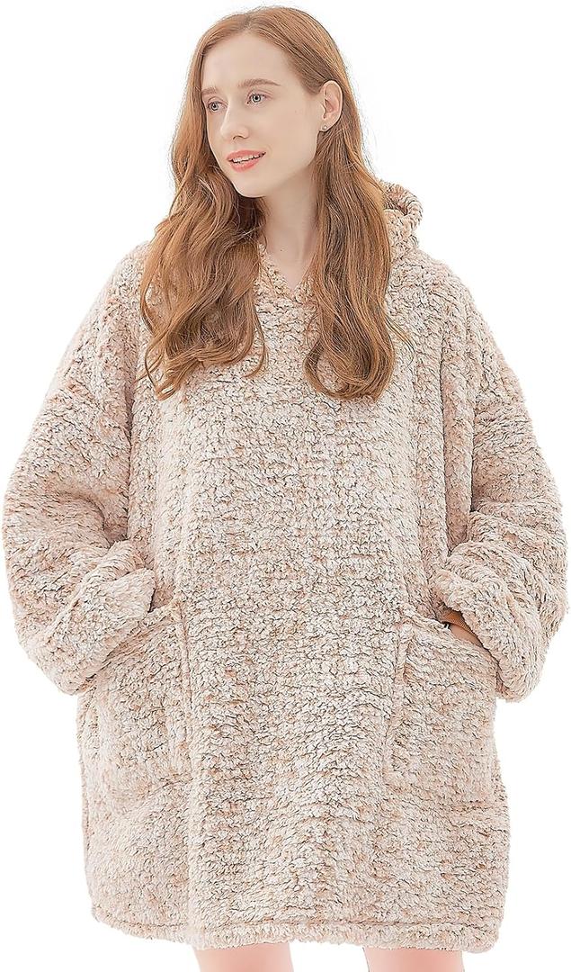 yescool Wearable Blanket Hoodie, Flannel Sherpa Fleece Blanket Sweatshirt for Adults Women Men,One Size Fits All (Standard), B-khaki-sherpa