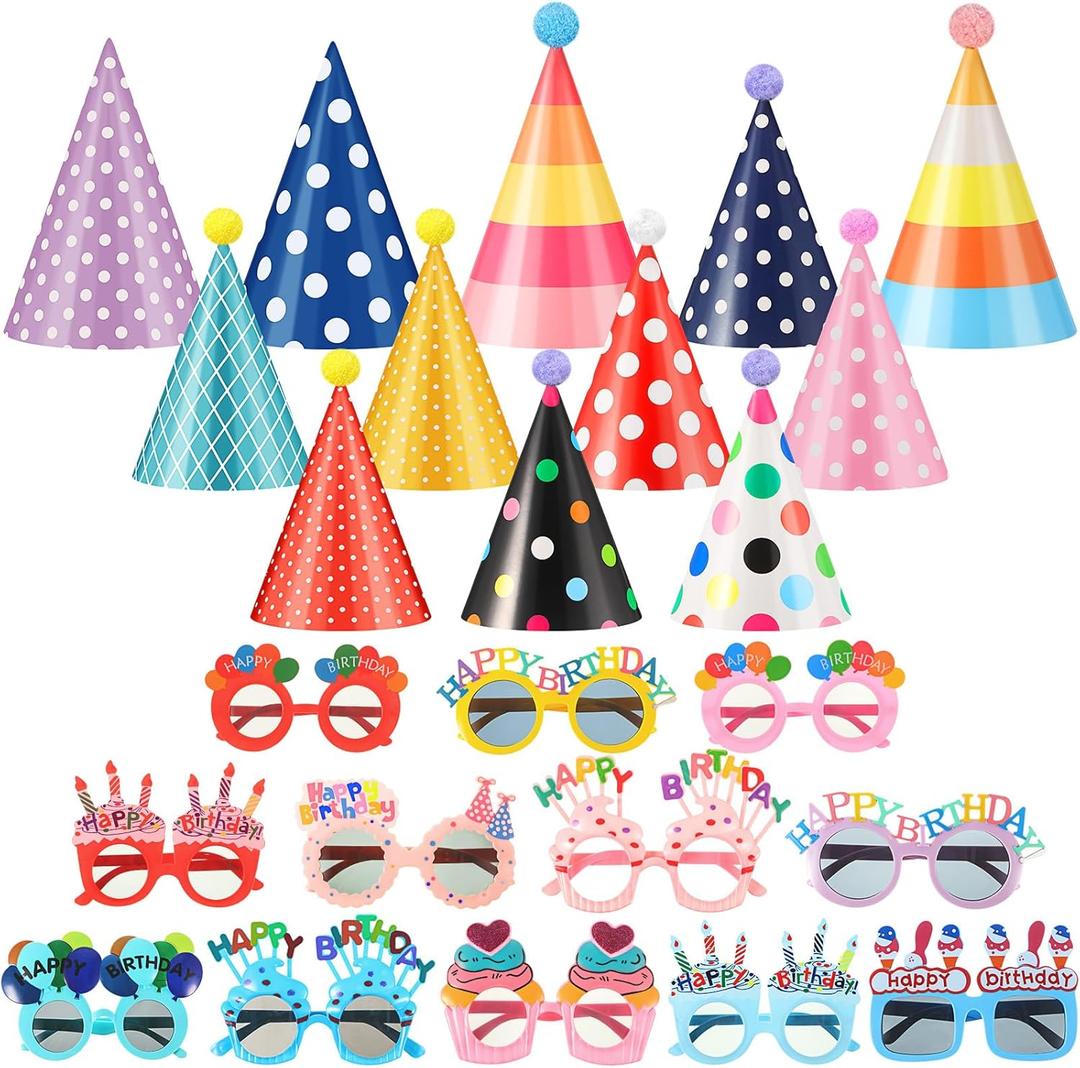 24 Pcs Birthday Party Hats Party Cone Hat with Pom Poms Birthday Glasses Photo Booth Props for Kids Adults (Dot Style)